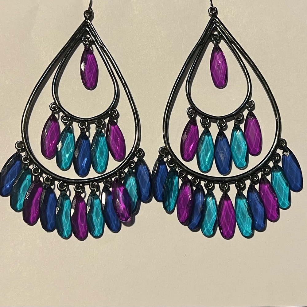 Boho Teardrop Dangle Earrings with Purple & Teal Beads